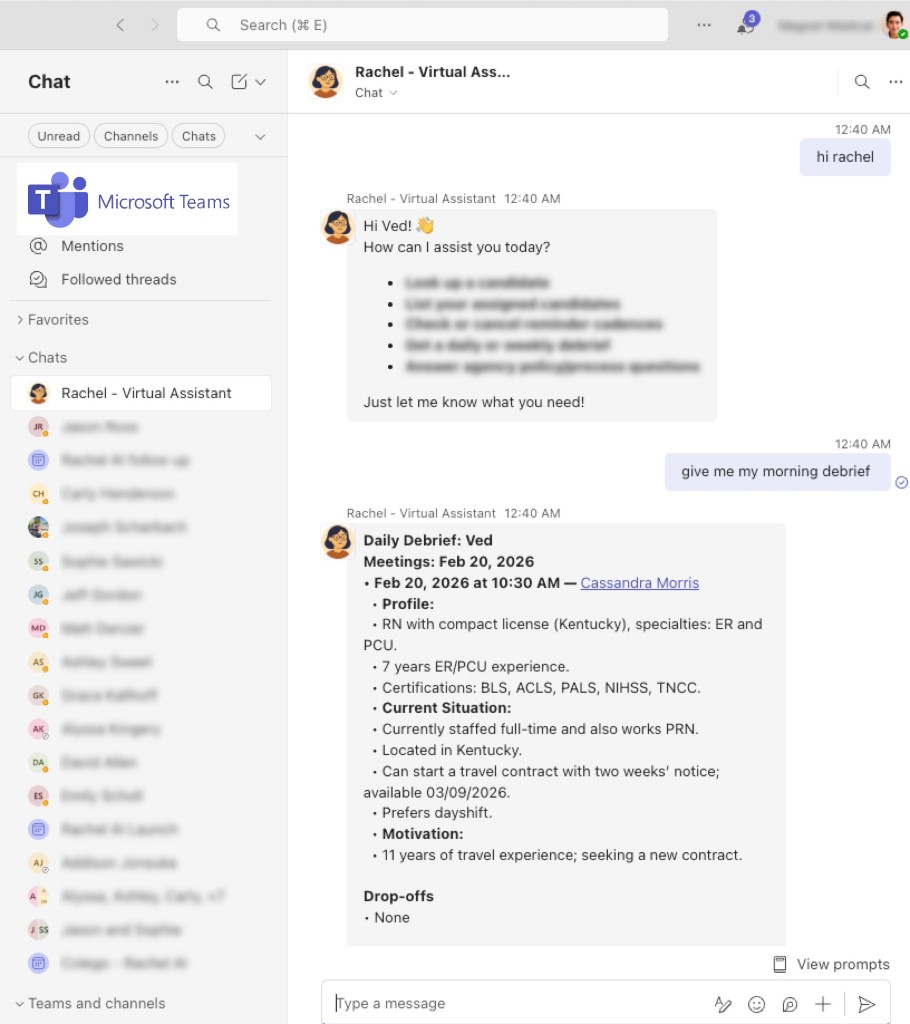 Rachel virtual assistant chat — daily debrief example